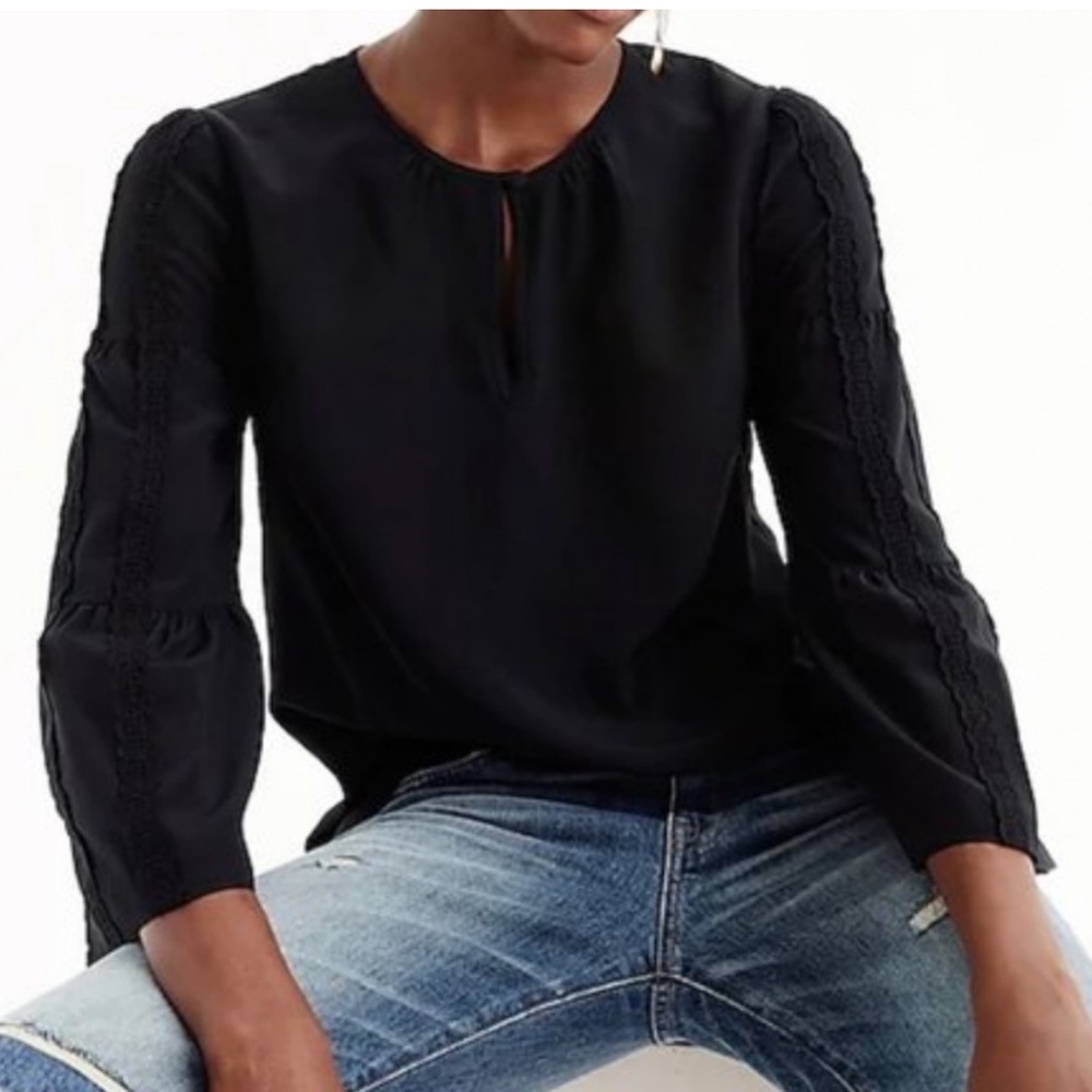 J. Crew | Black silk embroidered keyhole top blouse | Size 14